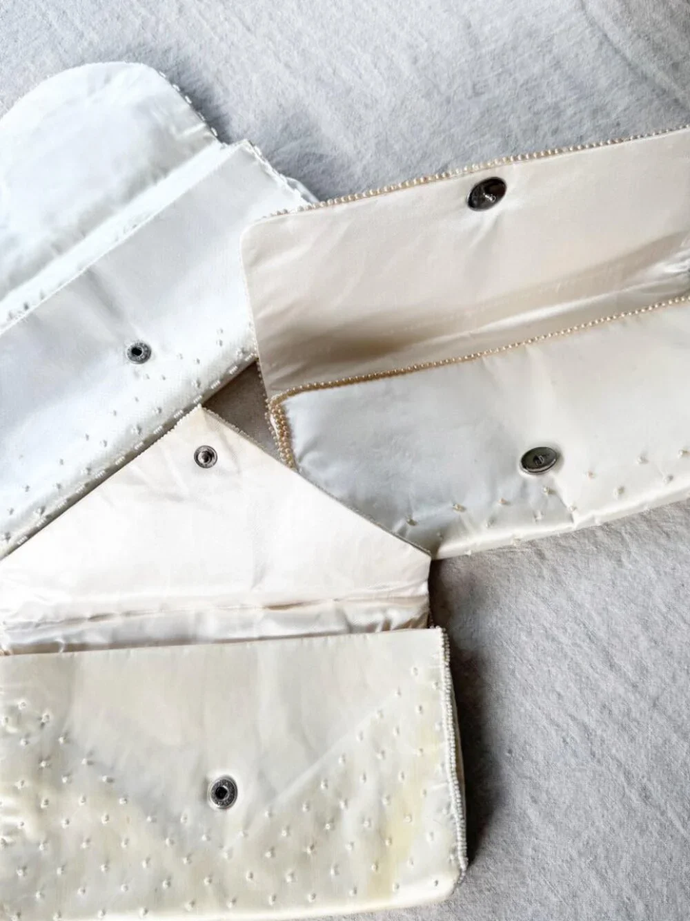 Three 1950's Vintage Ivory Satin and Beaded Pearl Clutch Purses